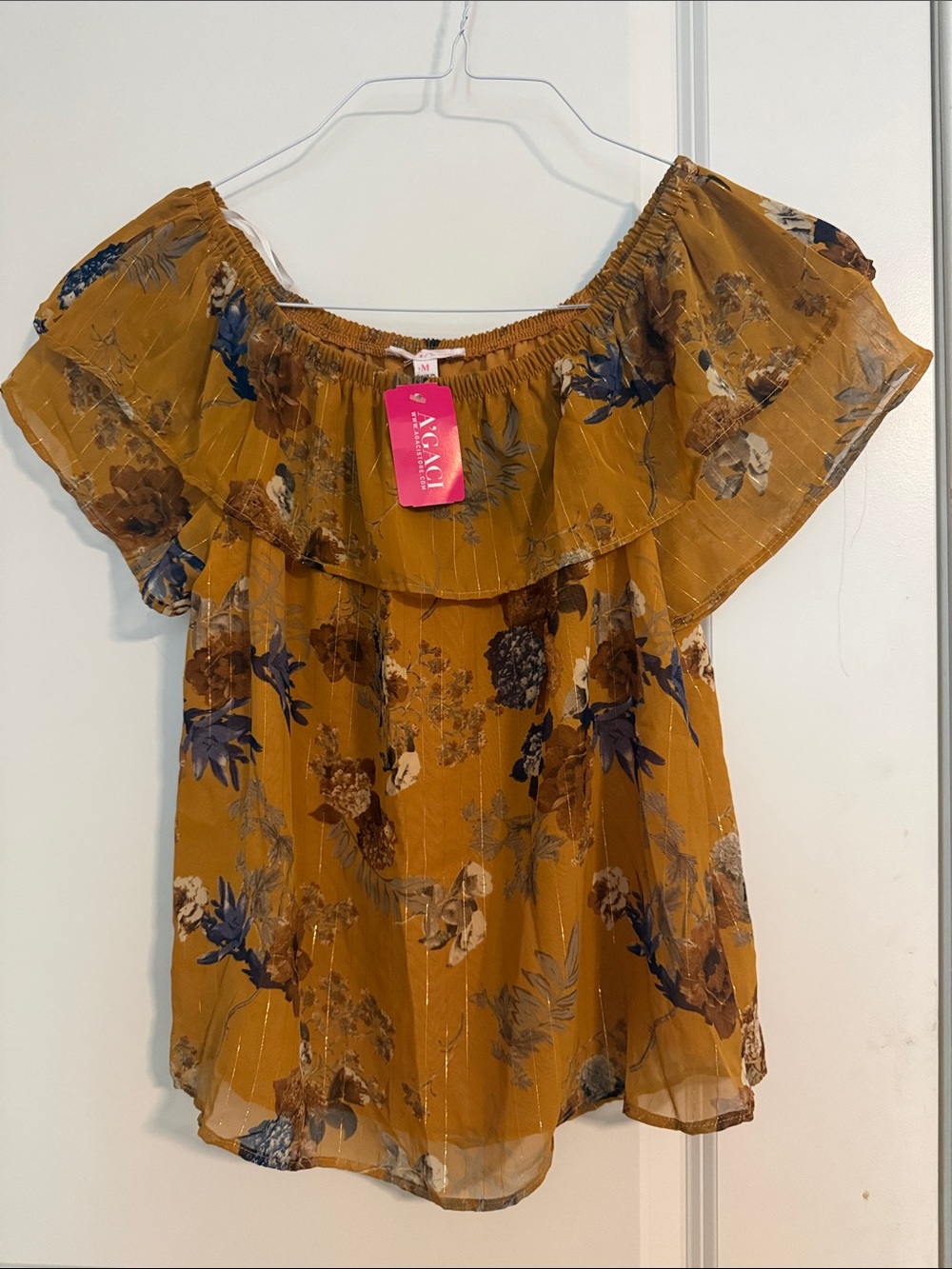 a'gaci Mustard Floral Off-Shoulder Ruffle Top